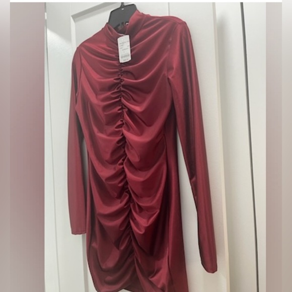 Turtle Neck Ruched Long Sleeve Cocktail Dress - Picture 2 of 7